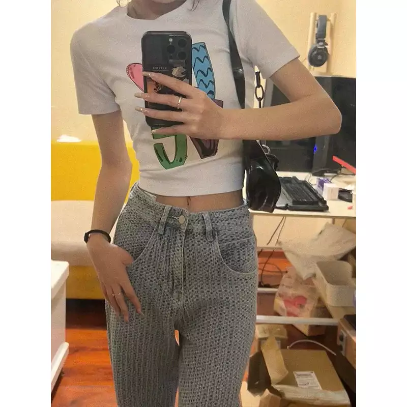 New retro high street jacquard woven jeans for women summer American style high waist loose slim straight casual long pants