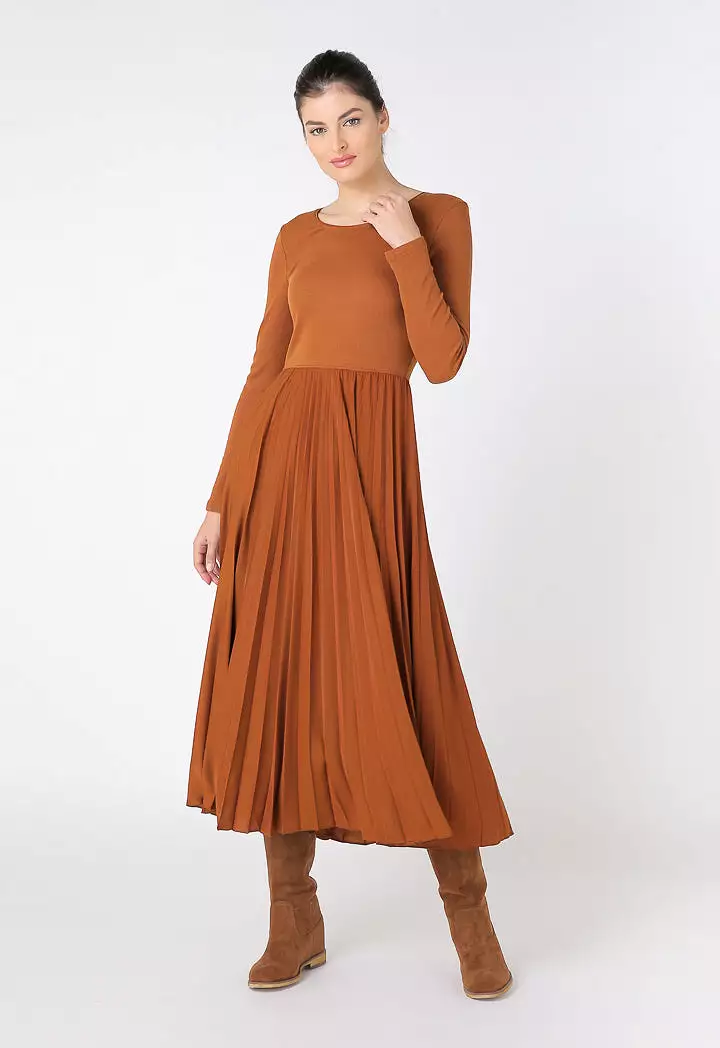 Pleated Ribbed Knit Dress