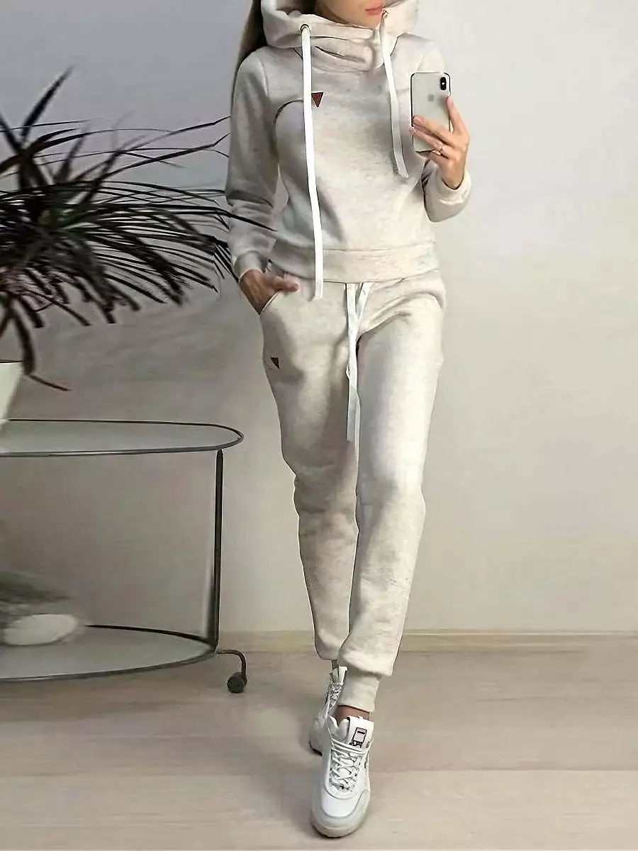 Plush Hoodie Pajama Set for Women with Adjustable Waist Drawstring