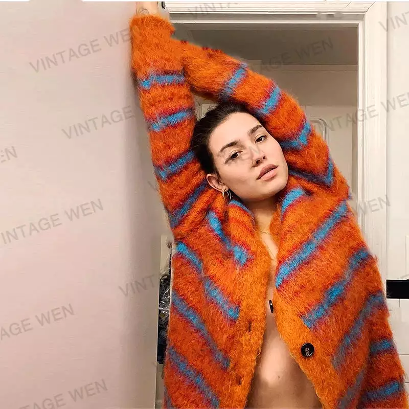 Retro Orange Mink-like Striped Street Knitted Cardigan Women's Sweater Coat All-Matching Loose Fashion Coat Contrasting Color