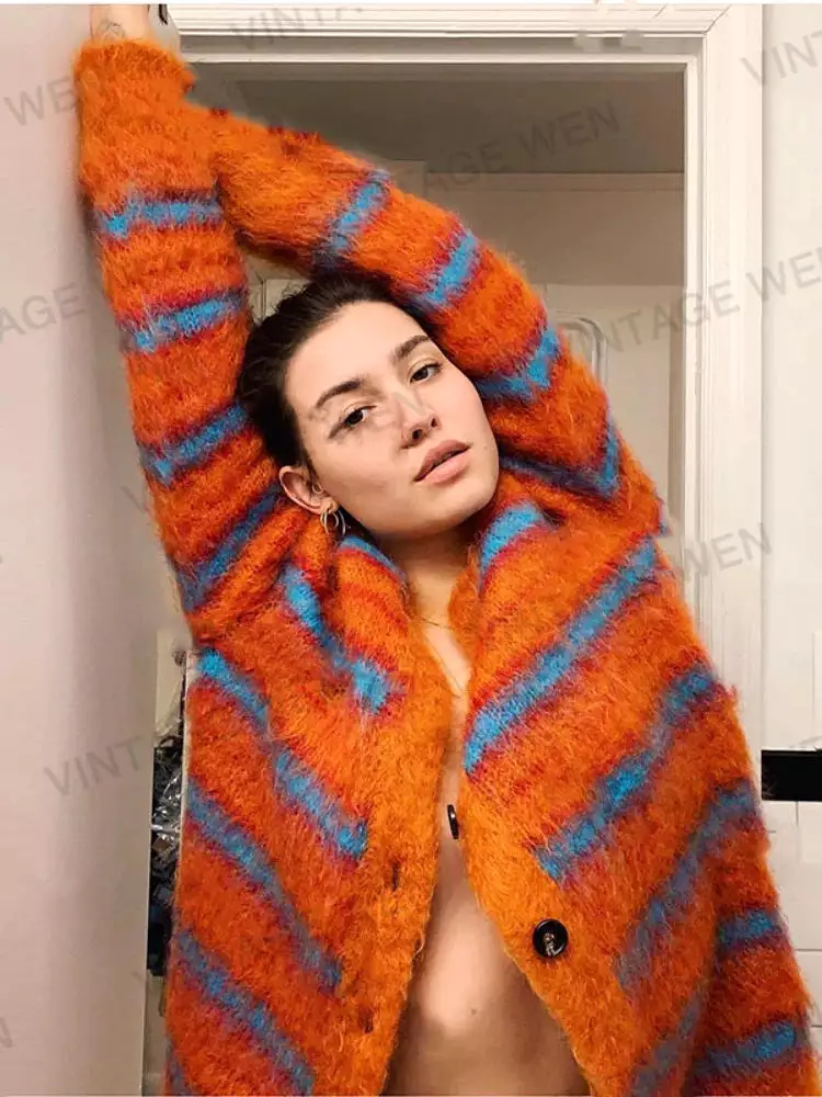 Retro Orange Mink-like Striped Street Knitted Cardigan Women's Sweater Coat All-Matching Loose Fashion Coat Contrasting Color