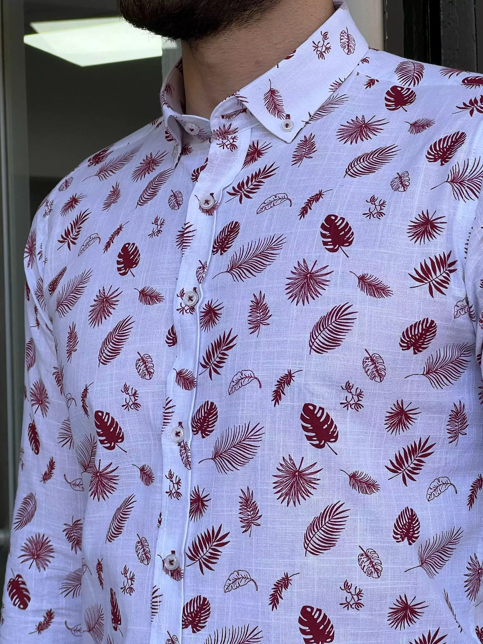 Slim Fit Leaf Pattern Claret-red Cotton Shirt