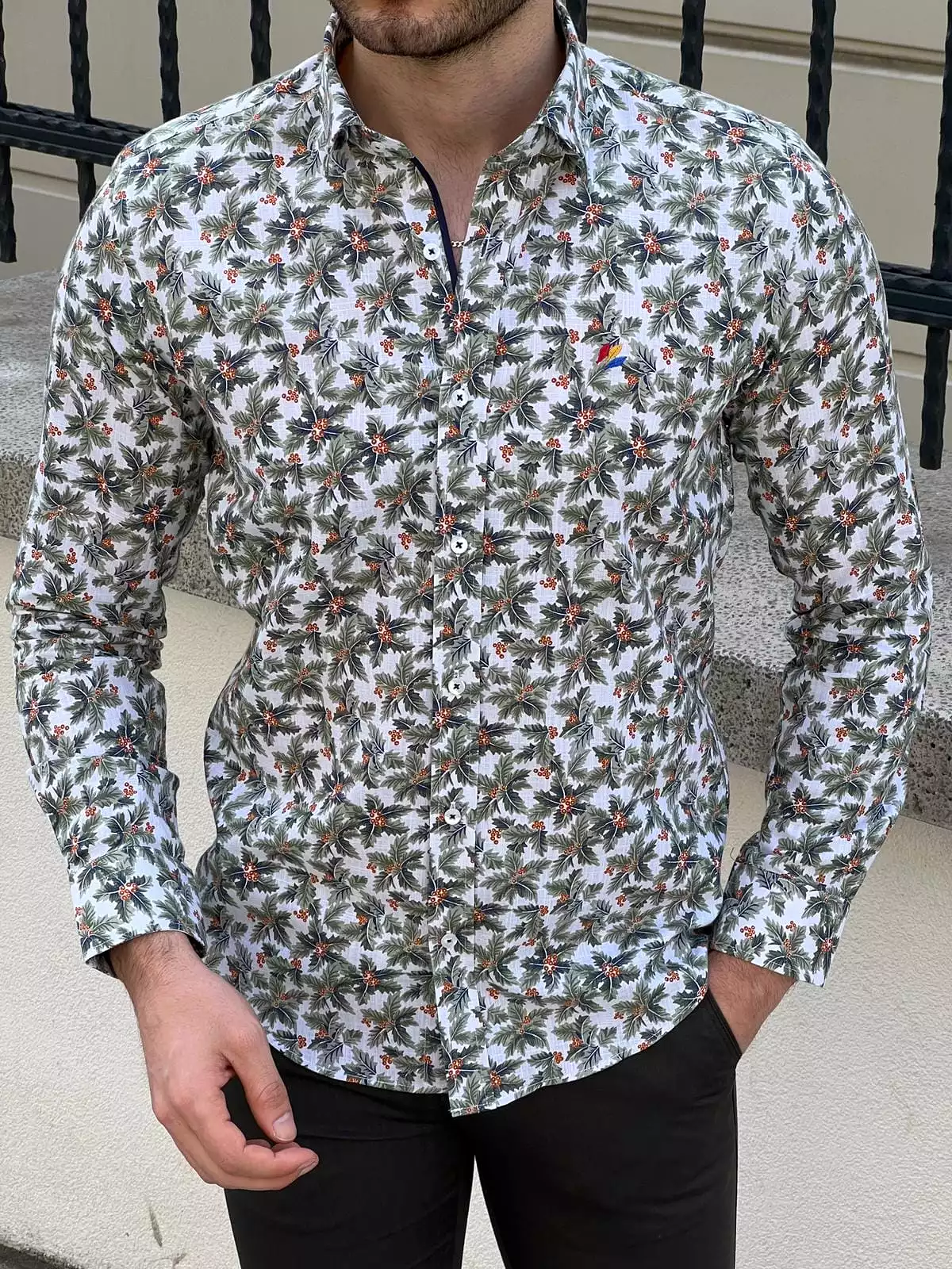 Slim Fit Patterned Cotton Green Shirt