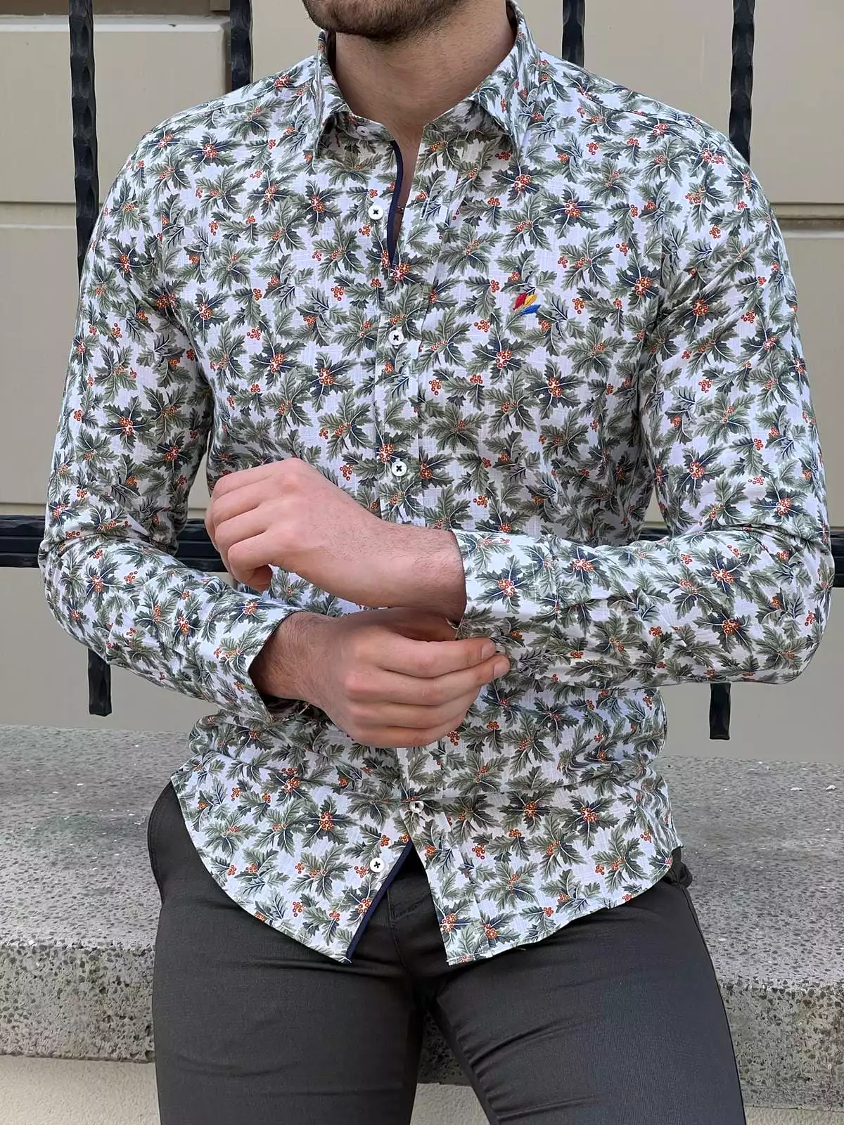 Slim Fit Patterned Cotton Green Shirt