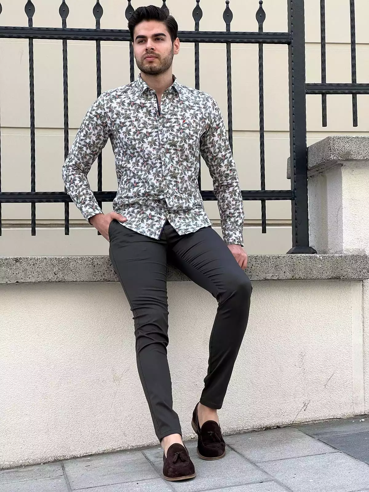 Slim Fit Patterned Cotton Green Shirt