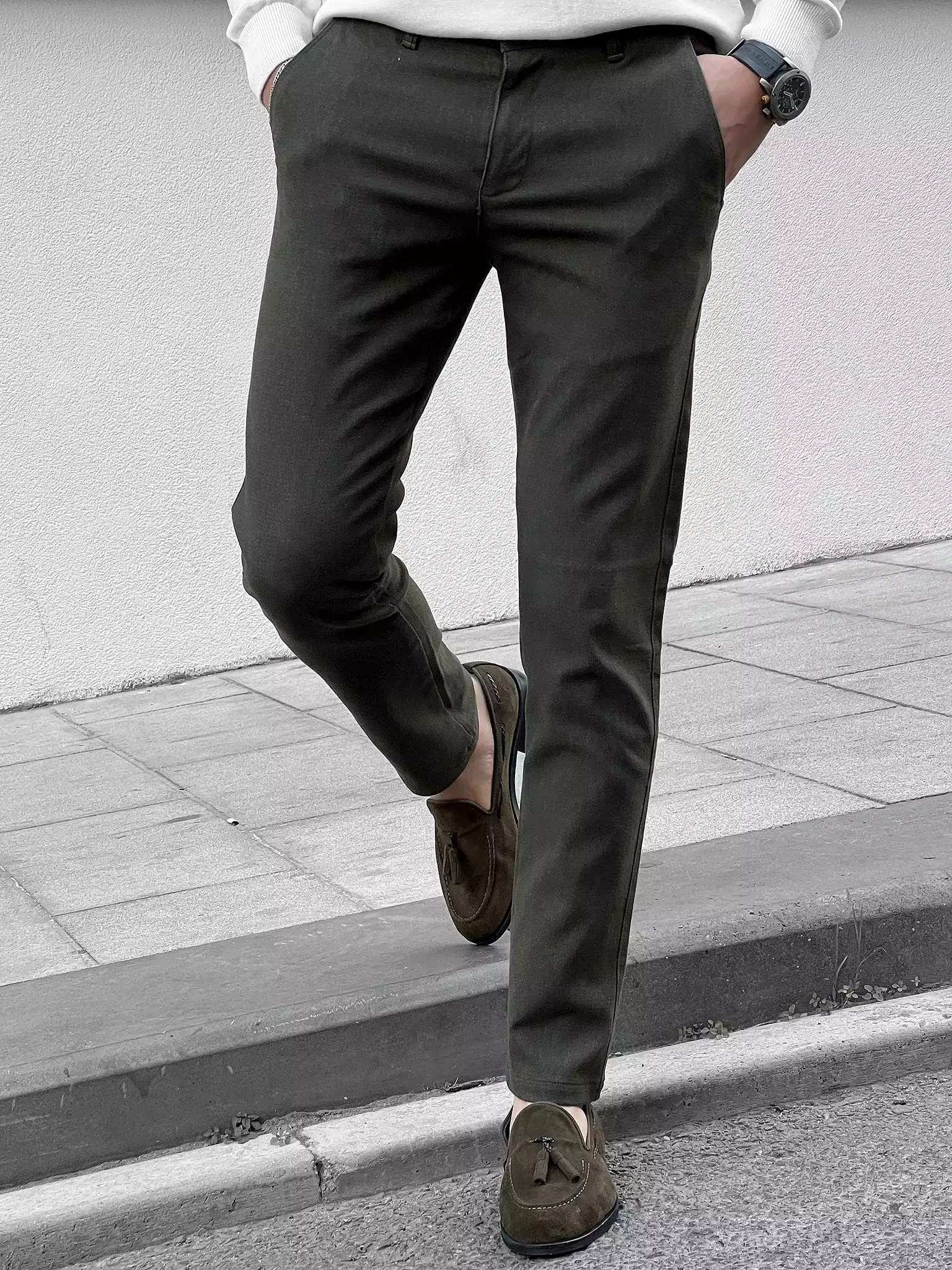 Slim Fit Self Patterned Khaki Cotton Pants