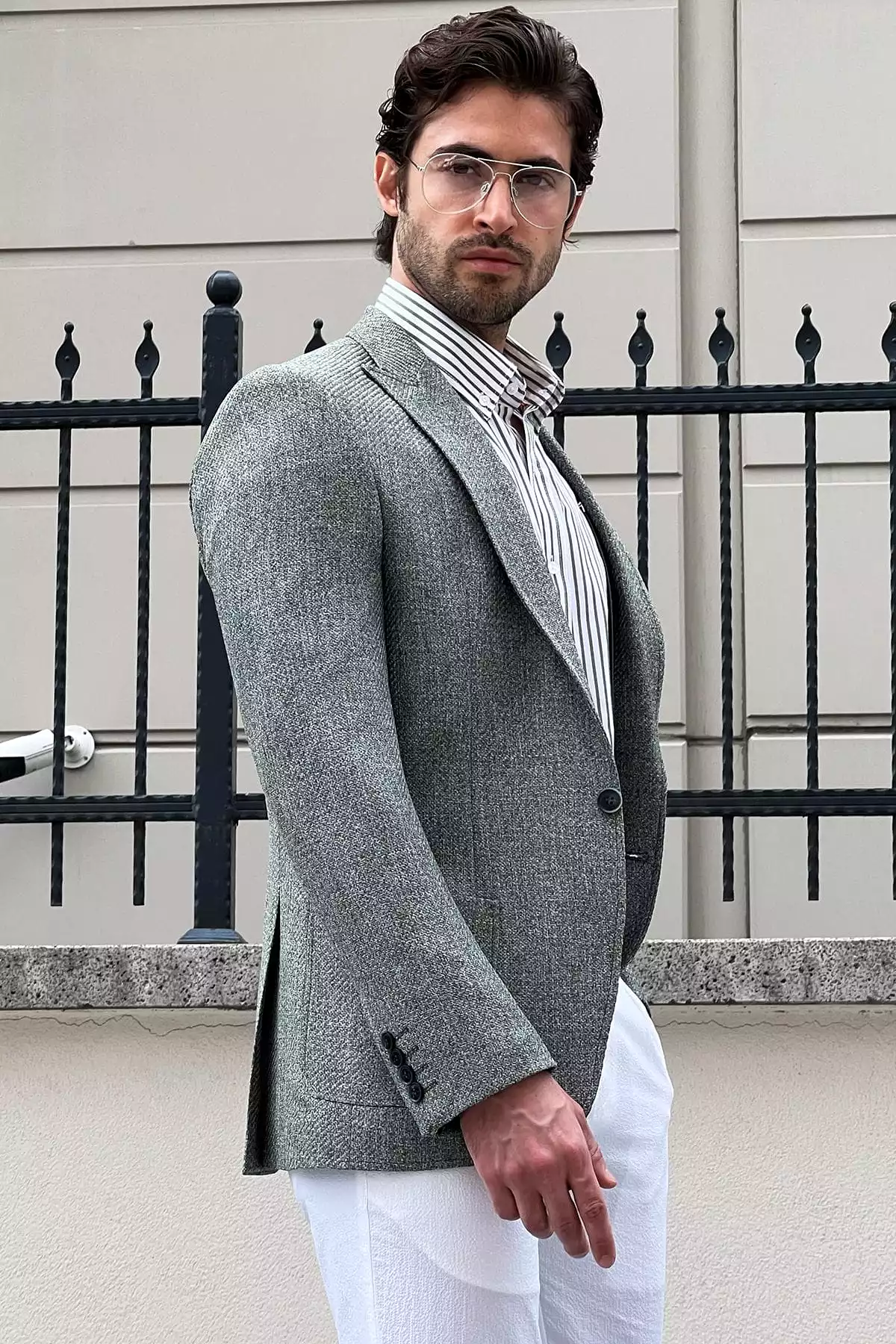 Slim-fit Self-Patterned Light Green Blazer