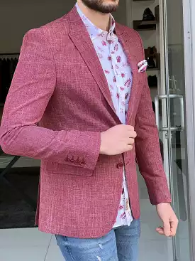 Slim Fit Self-Patterned Red Cotton Jacket