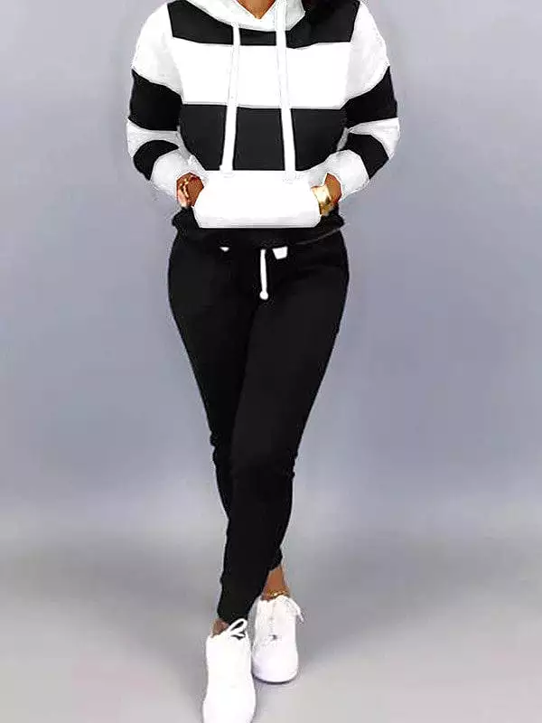 Striped 2-Piece Women's Tracksuit Set with Sweatshirt and Jogger Pants - Black Sportswear