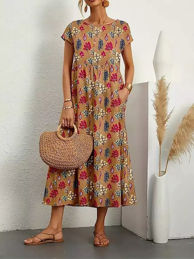 Stylish Loose-Fit Leaf Print Midi Dress for Women in Cotton Linen Blend