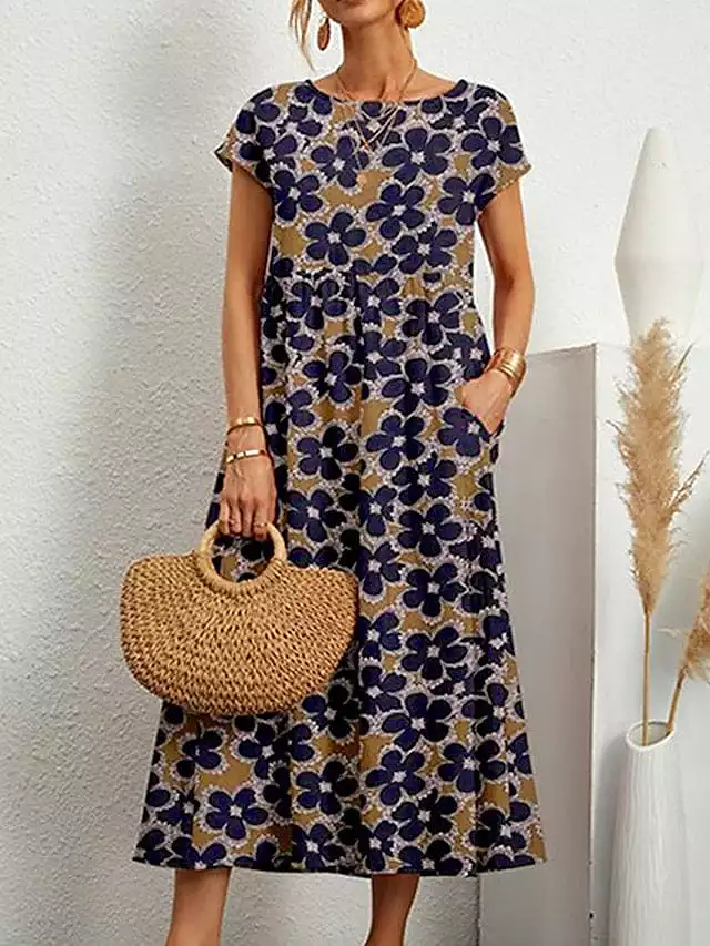 Stylish Loose-Fit Leaf Print Midi Dress for Women in Cotton Linen Blend