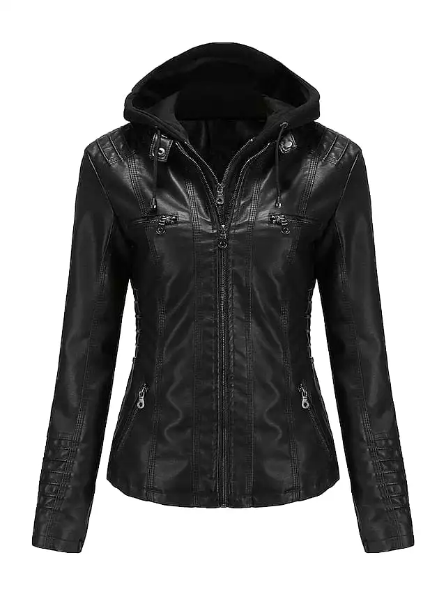 Stylish Windproof Faux Leather Moto Biker Hoodie Jacket for Women