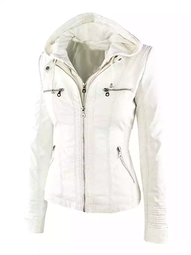 Stylish Windproof Faux Leather Moto Biker Hoodie Jacket for Women