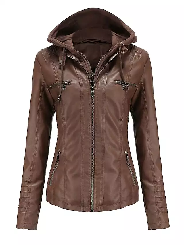 Stylish Windproof Faux Leather Moto Biker Hoodie Jacket for Women