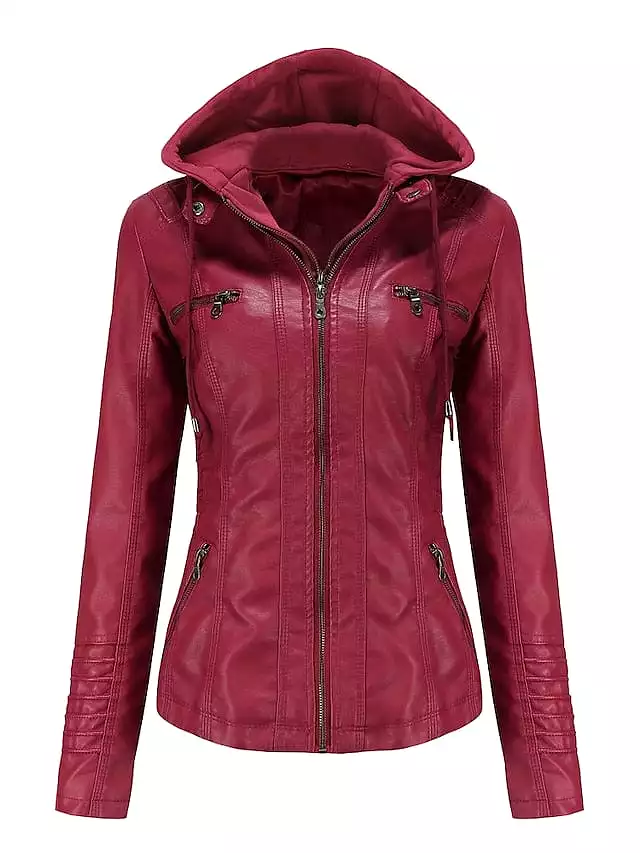 Stylish Windproof Faux Leather Moto Biker Hoodie Jacket for Women