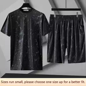 Summer Loose-fit Casual Sports Suit Men's Fat Guy Ice Silk Mesh T-sleeve Shorts Two-piece Set zd125