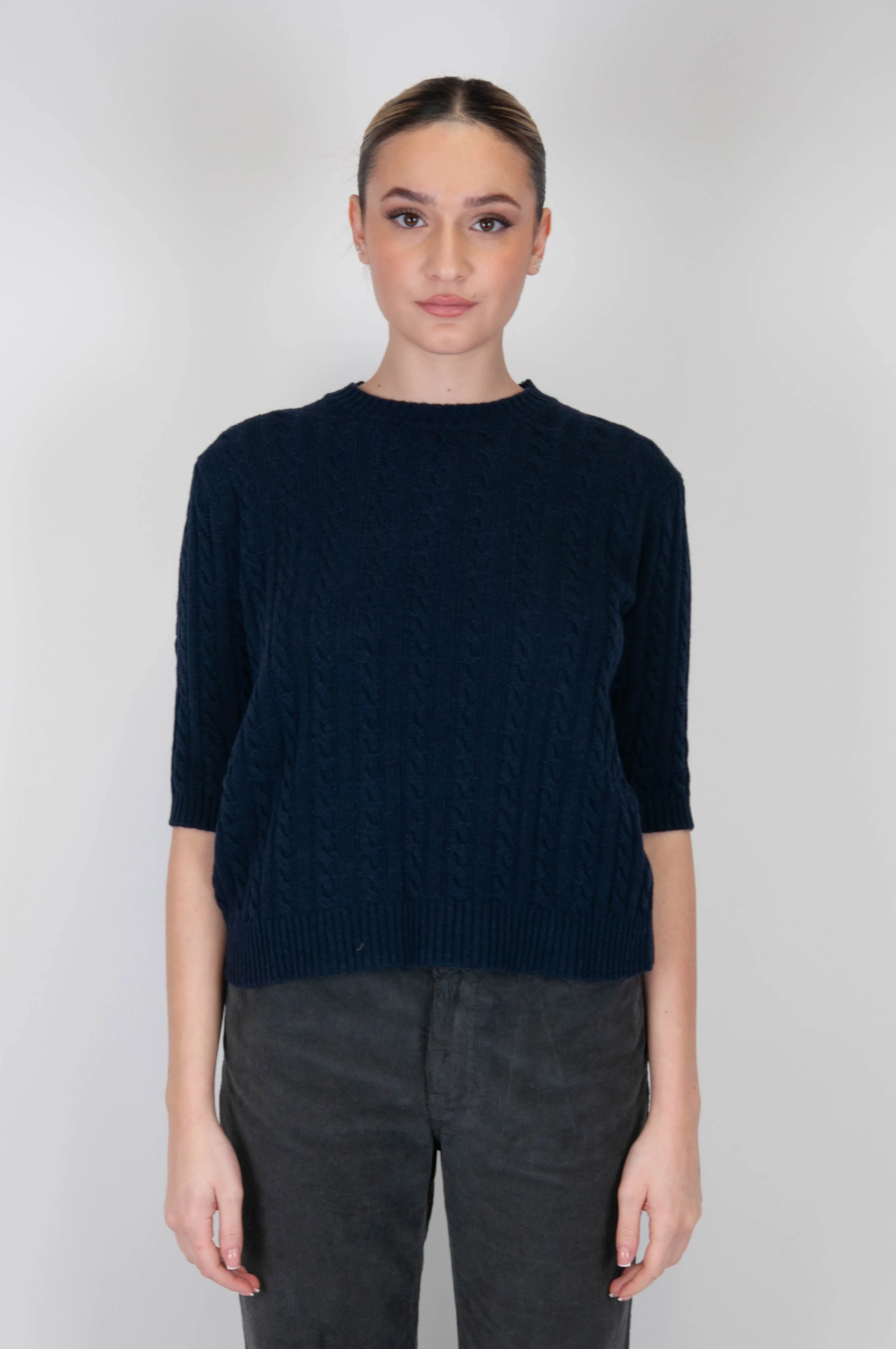 Tensione in - Maglia girocollo con trecce in misto cashmere manica 3/4