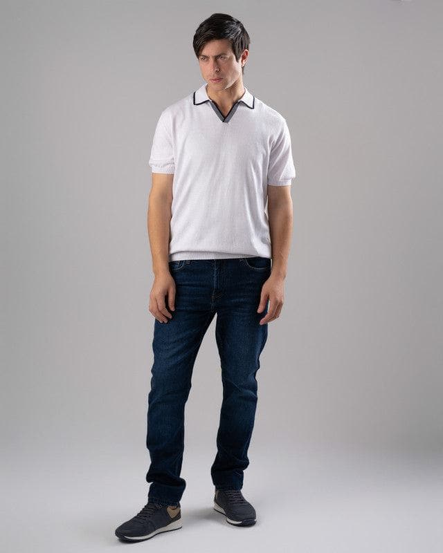 V-NECK KNIT POLO SHIRT  -WHITE