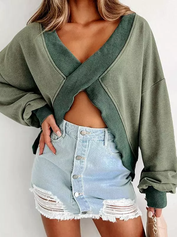 V-Neck Loose Women Sweatshirt