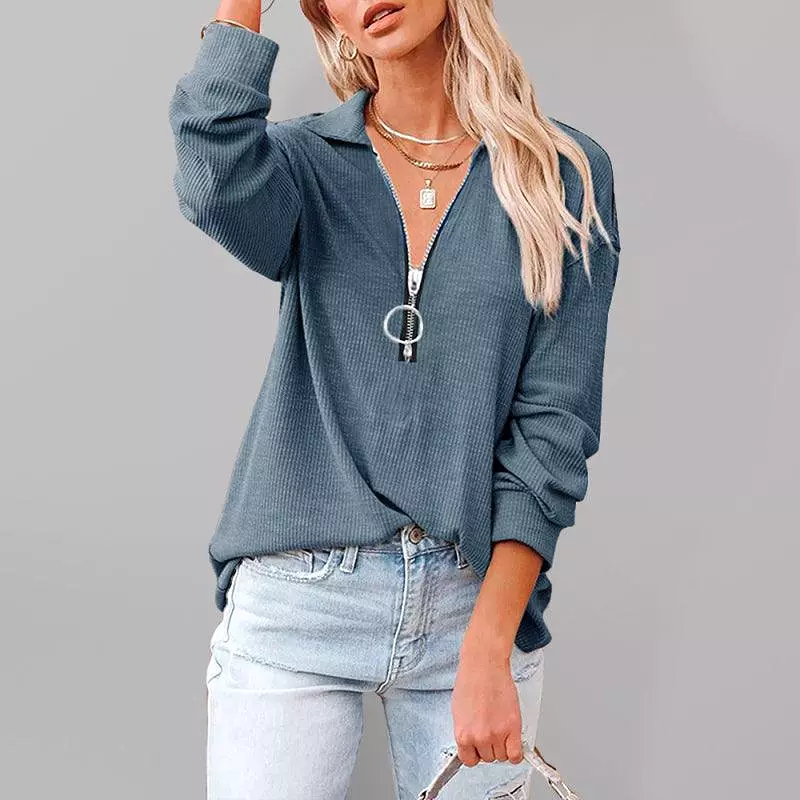 V-Neck Zipper Women Sweatshirt