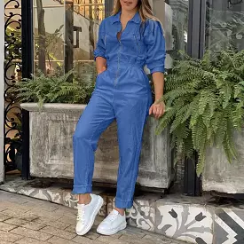 Women Denim Jumpsuits Autumn Casual Long Sleeve Solid OL Office Overalls Playsuits Pantalon Femme Long Playsuits Oversize