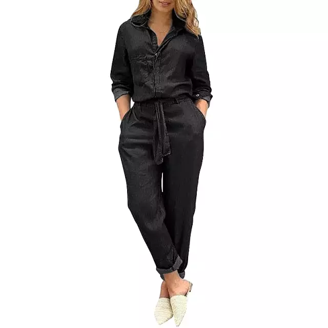 Women Long Jumpsuit Spring Autumn Denim Playsuits Ladies Pantalon Loose Long Sleeve Lapel Button Up Office Overalls