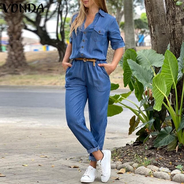 Women Long Jumpsuit Spring Autumn Denim Playsuits Ladies Pantalon Loose Long Sleeve Lapel Button Up Office Overalls