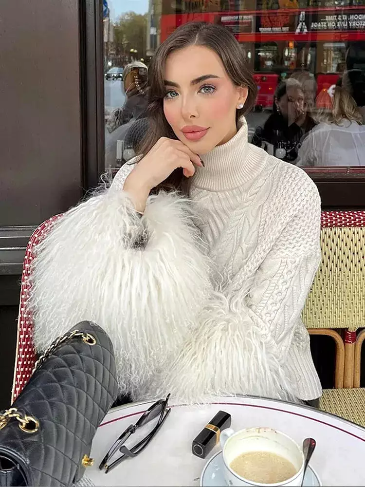 Women Loose Turtleneck Plush Tassel Sweater Female Elegant Long Sleeve Wool Pullover Top 2023 Winter Lady Street Knitted Jumpers