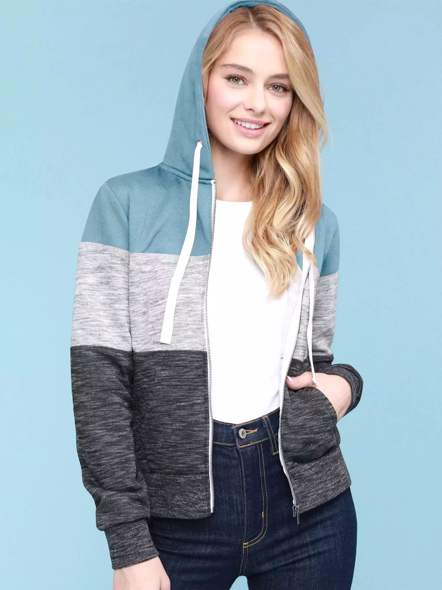 Women's Active Casual Zip-up Color Block Hoodie Sweatshirt