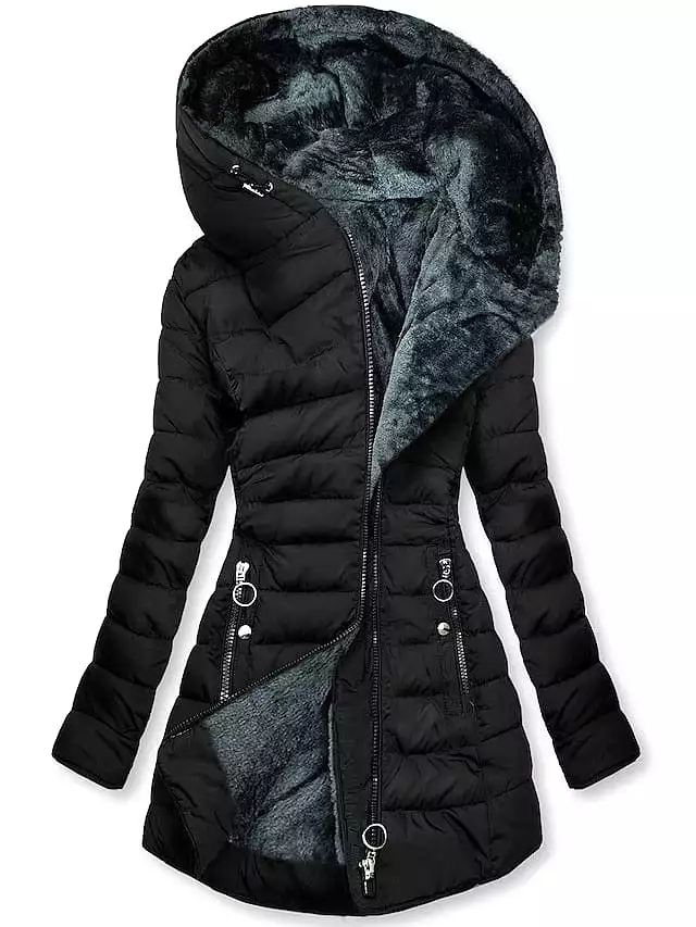 Women's Black Puffer Jacket with Windproof Design and Zipper Hoodie