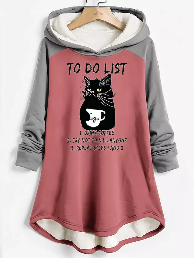 Women's Lotus Pink Cozy Cat Letter Fleece Pullover with Warm Sherpa Hoodie for Fall/Winter