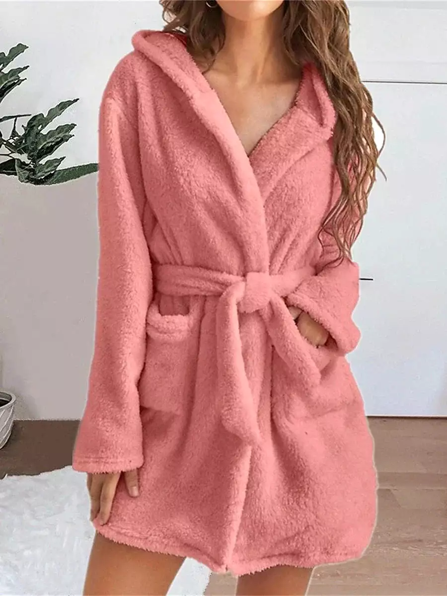 Women's Plush Coral Fleece Robe with Hoodie and Pockets