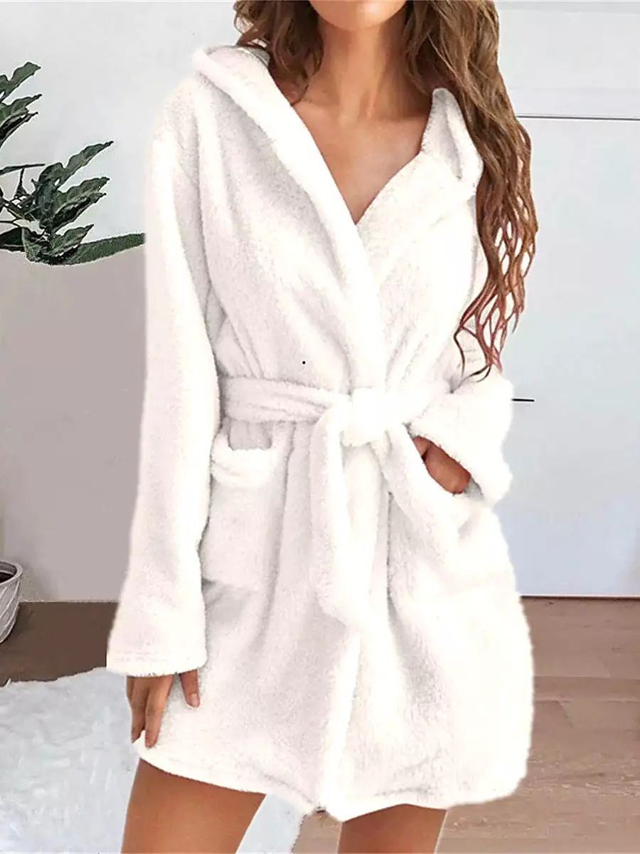 Women's Plush Coral Fleece Robe with Hoodie and Pockets