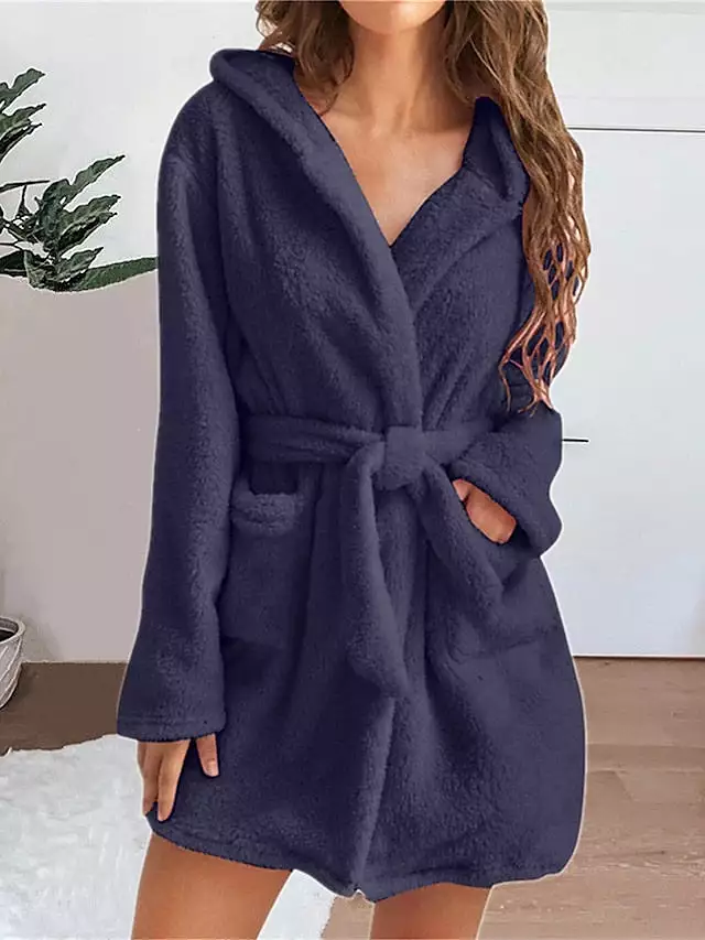 Women's Plush Coral Fleece Robe with Hoodie and Pockets