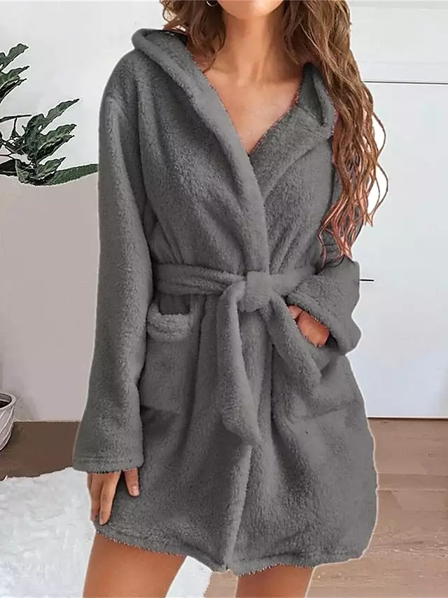 Women's Plush Coral Fleece Robe with Hoodie and Pockets