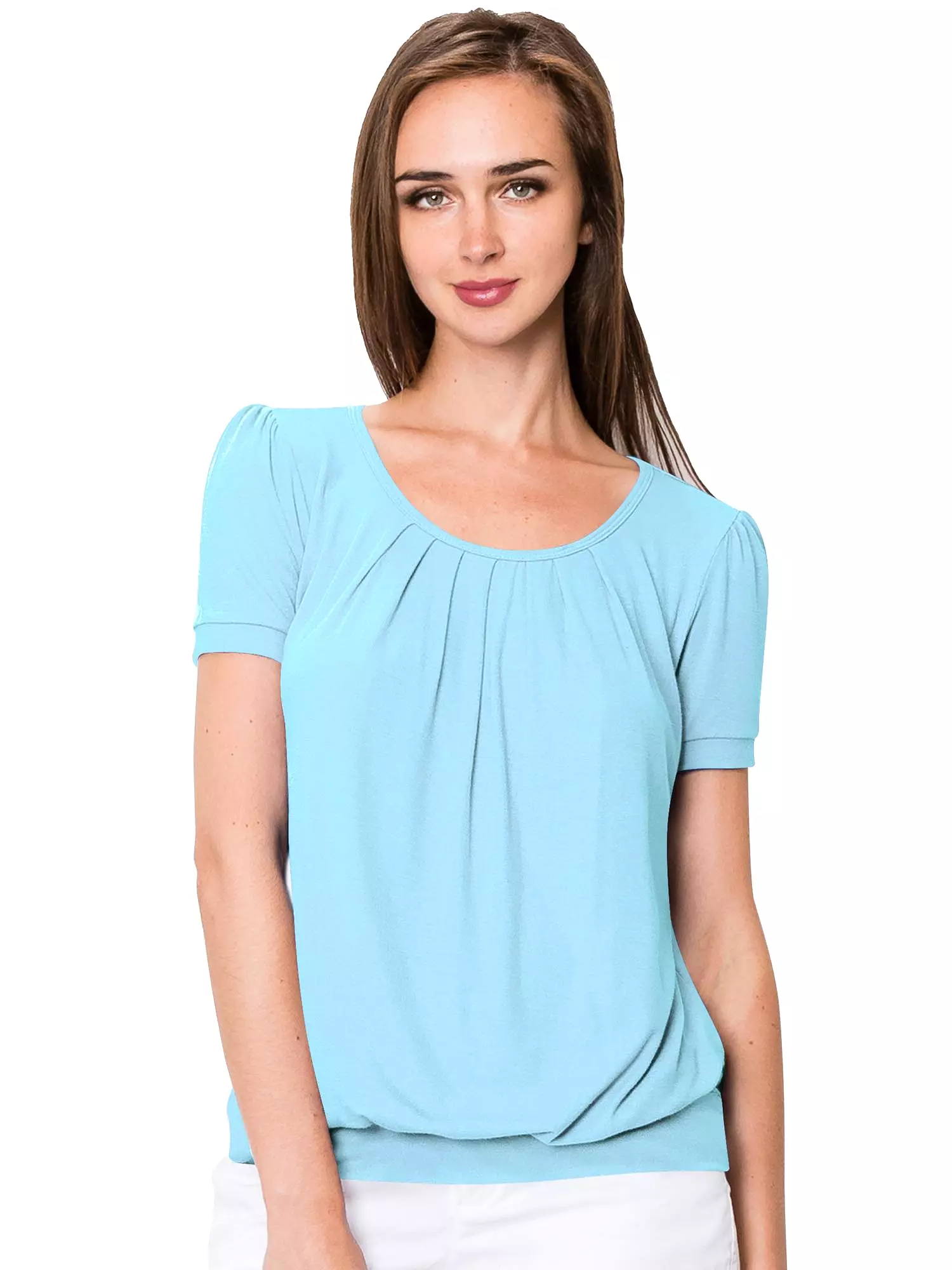 Women's Scoop Neck Short Sleeve Front Pleated Blouse