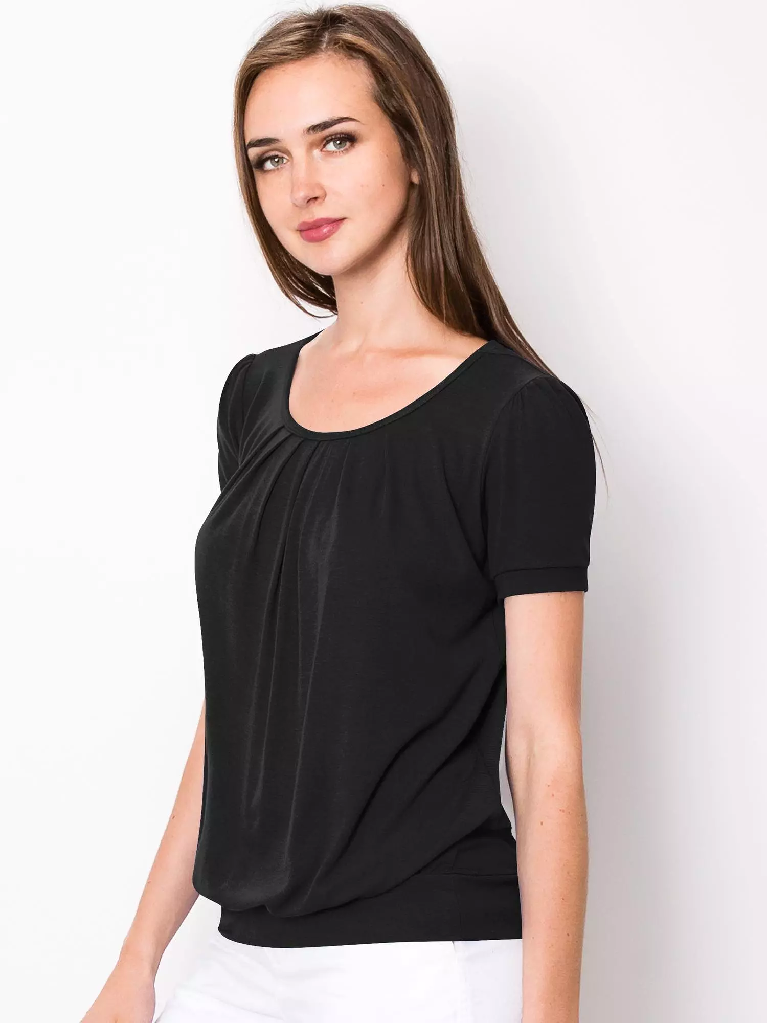 Women's Scoop Neck Short Sleeve Front Pleated Blouse