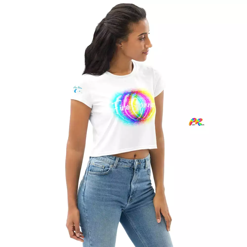 Women's Short Sleeve Fire Spinner White Crop T-Shirt