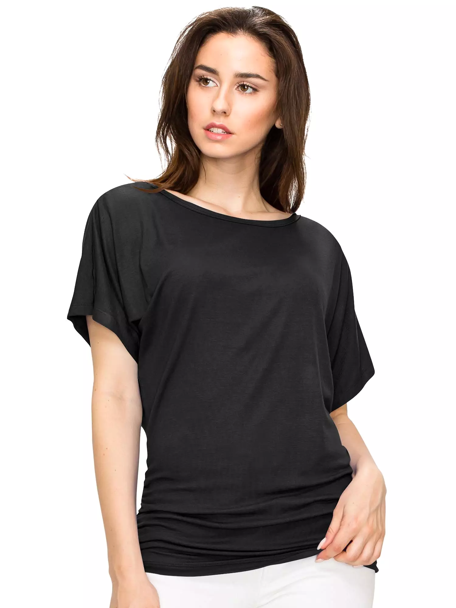 Women's Solid Short Sleeve Boat Neck V-Neck Dolman Top