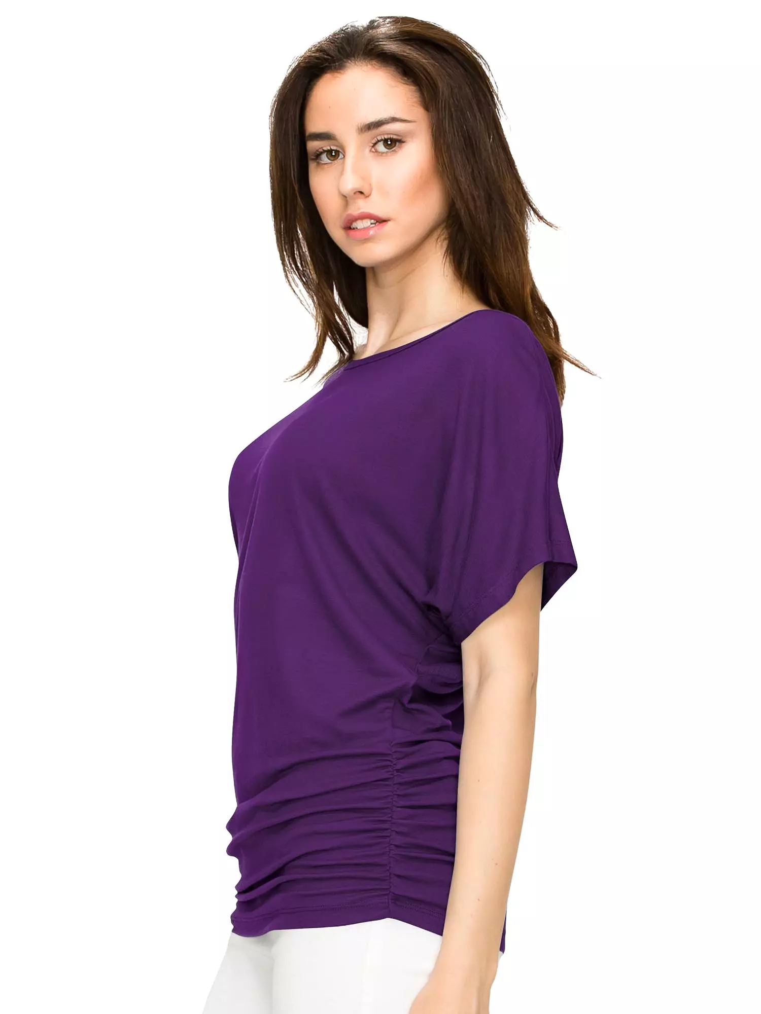 Women's Solid Short Sleeve Boat Neck V-Neck Dolman Top