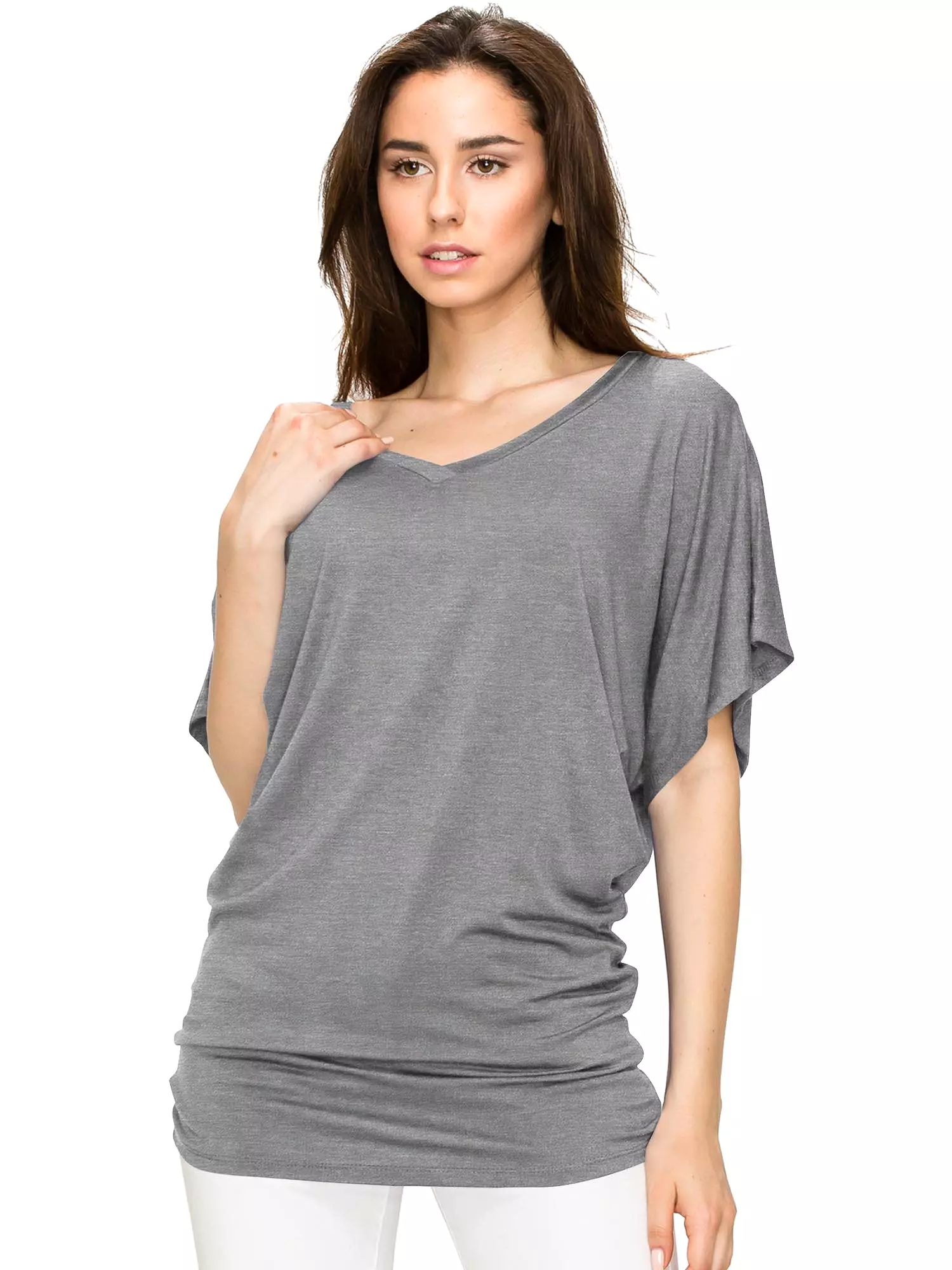 Women's Solid Short Sleeve V Neck Dolman Top